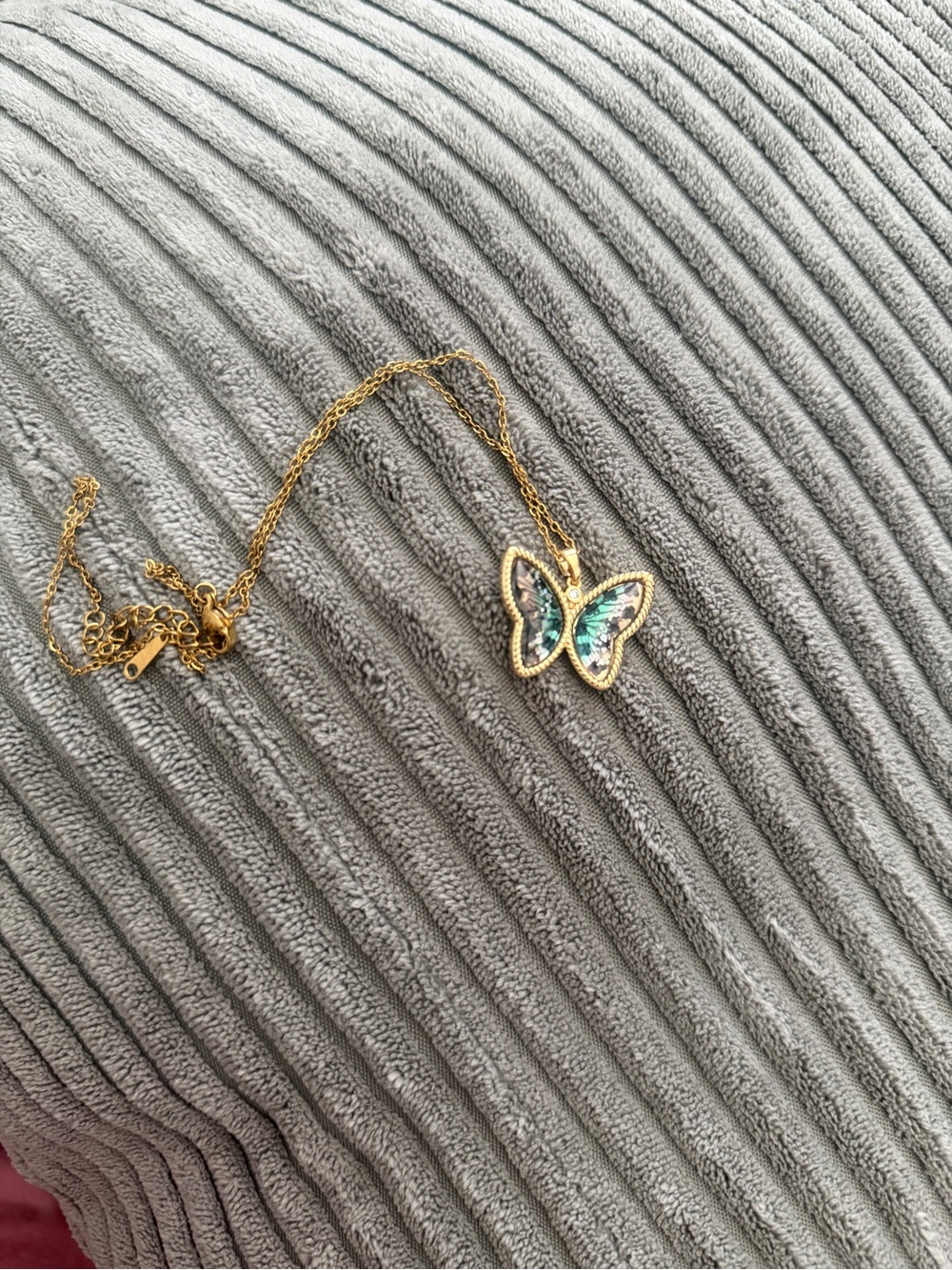 Gold Butterfly Pendant Necklace with Blue-Green Inlay